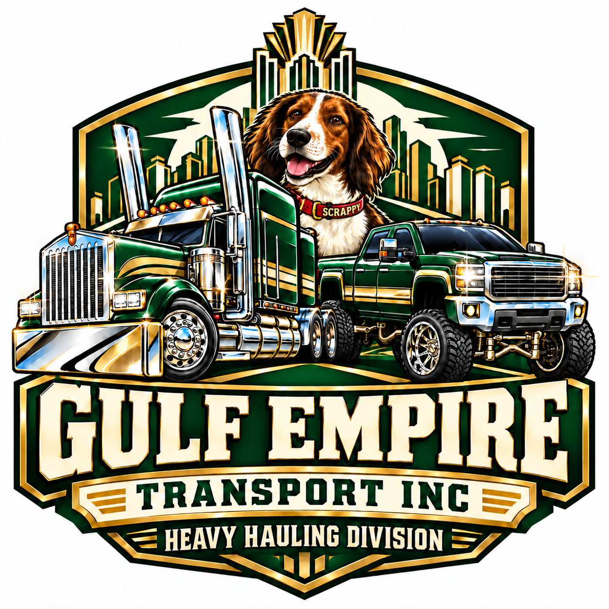Gulf Empire Transport Inc. Heavy Hauling Division logo featuring two green trucks and Scrappy the dog